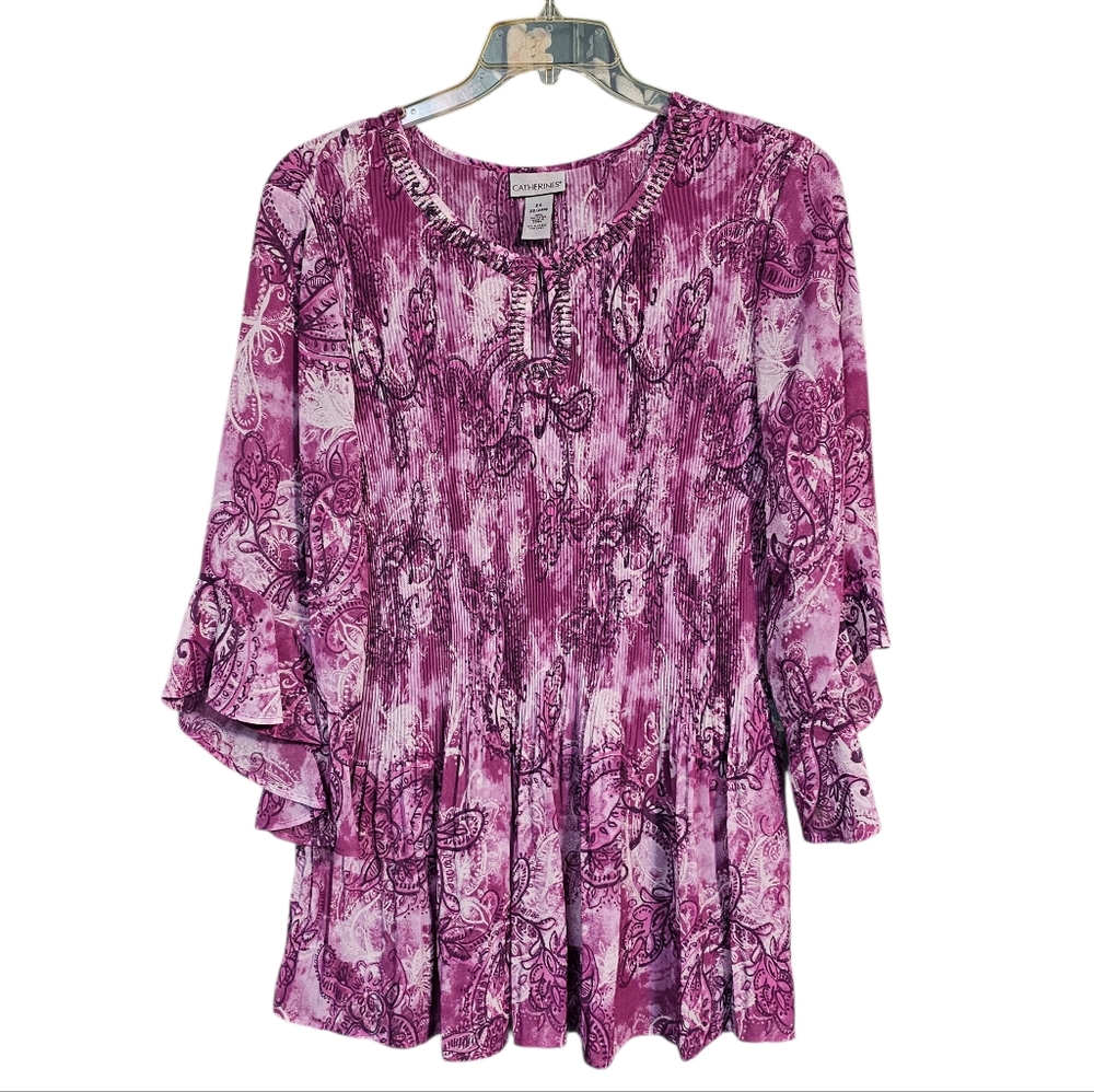 Catherines Accordion Pleat Beaded Flutter Bell Sleeve Gauze Tunic Blouse Sz 2X - Picture 1 of 8